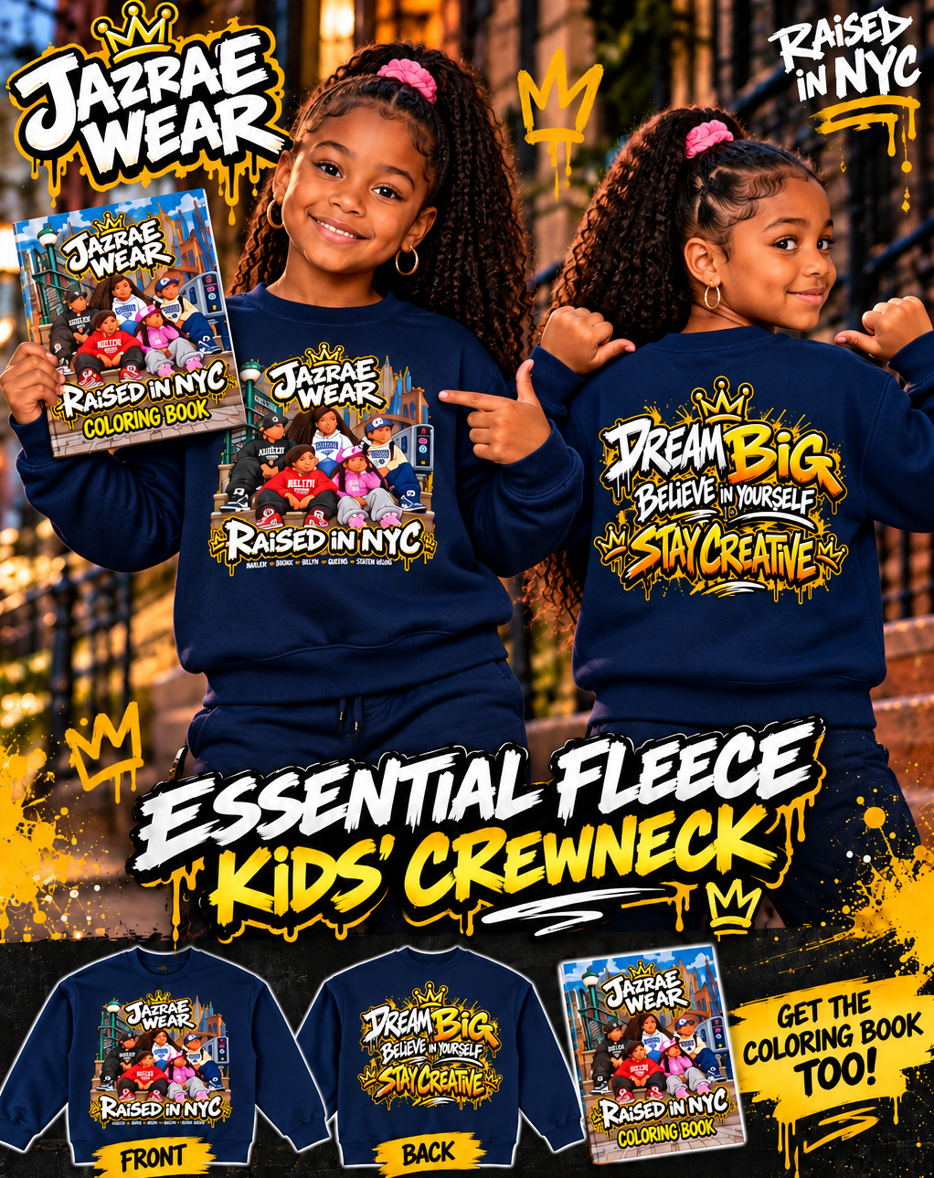 Jazrae Wear Raised in NYC Kids Essential Fleece Crewneck